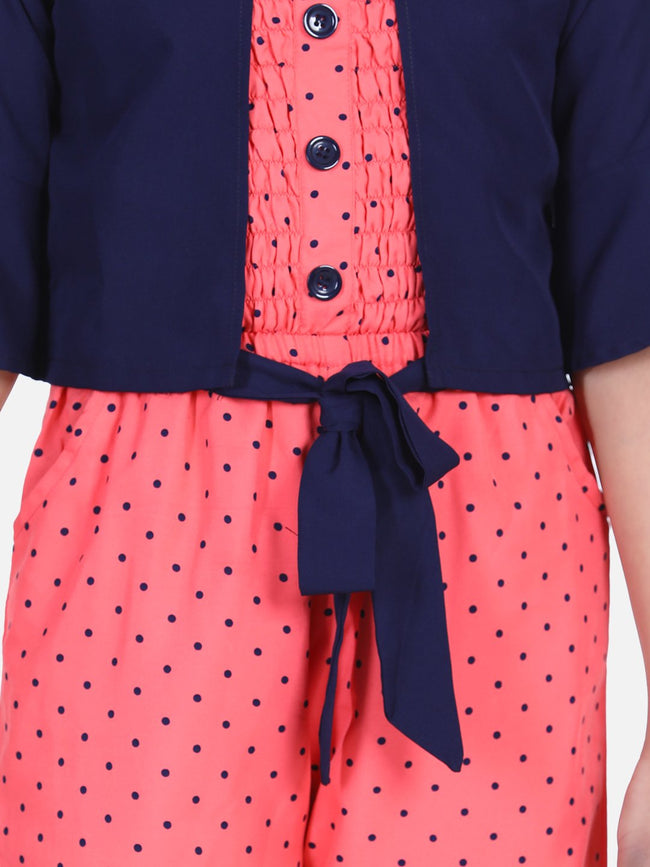 Lilpicks Coral Polka Smocking Jumpsuit with Shrug Set 