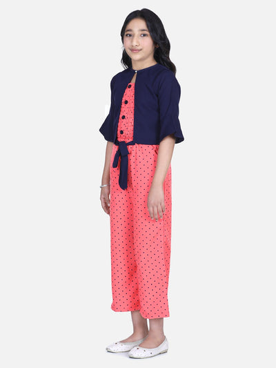 Lilpicks Coral Polka Smocking Jumpsuit with Shrug Set 