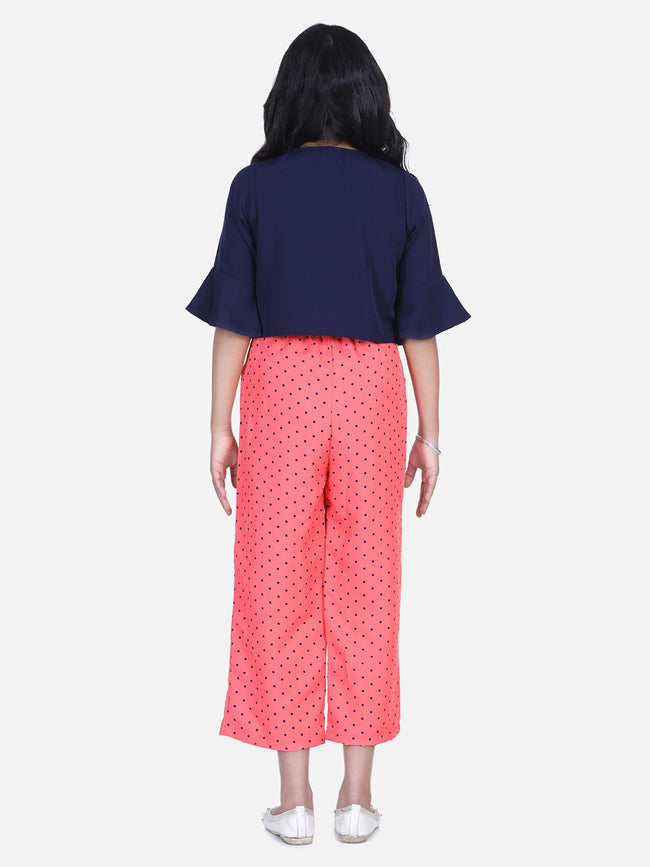 Lilpicks Coral Polka Smocking Jumpsuit with Shrug Set 