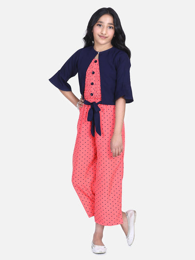 Lilpicks Coral Polka Smocking Jumpsuit with Shrug Set 