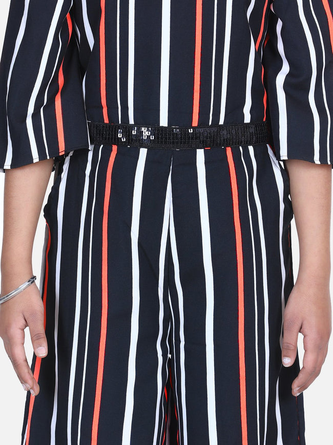 Lilpicks Black Neon Stripe Sequin Flared Jumpsuit