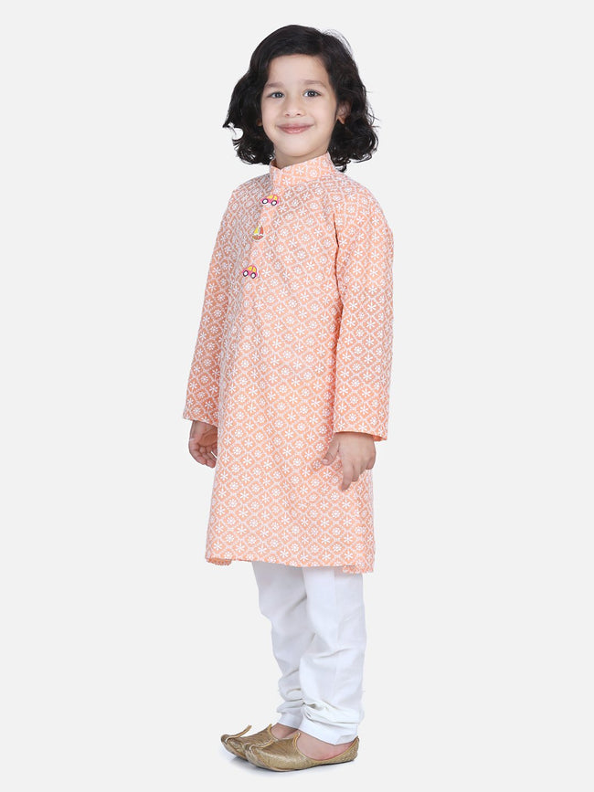 Lilpicks Peach White Thread Chikankari Kurta Pyjama Set