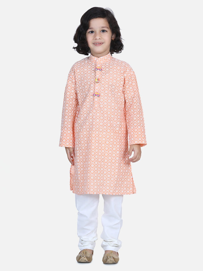 Lilpicks Peach White Thread Chikankari Kurta Pyjama Set