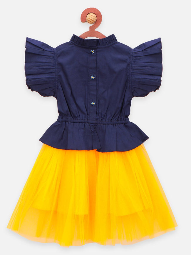 Lilpicks Navy Mustard Cherry Embrodiery Flared Dress