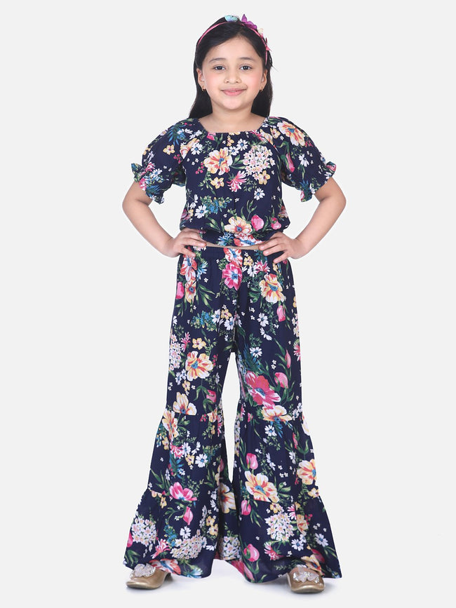 Lilpicks Navy Floral Flared Pant Clothing Set