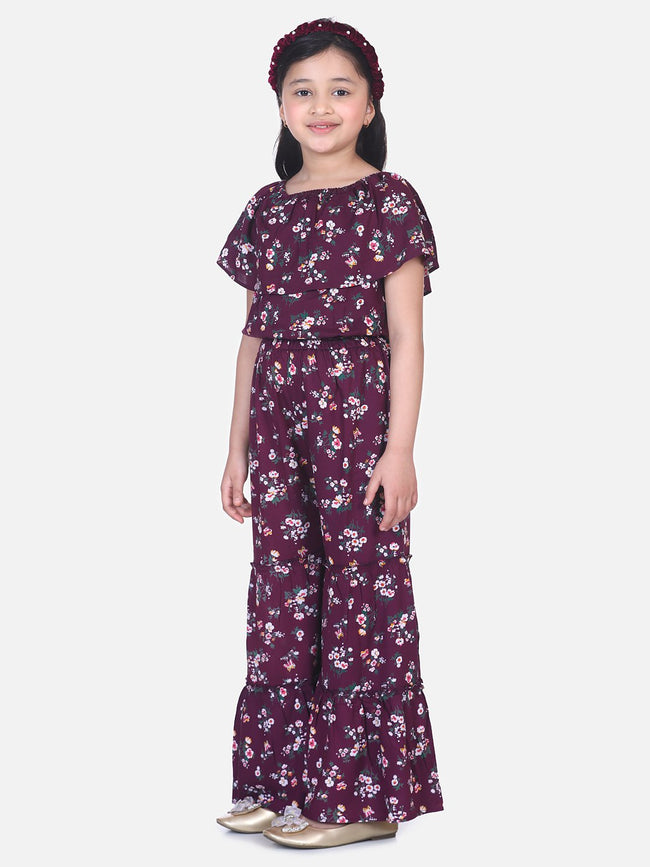 Lilpicks  Wine Floral Flared Pant Clothing Set
