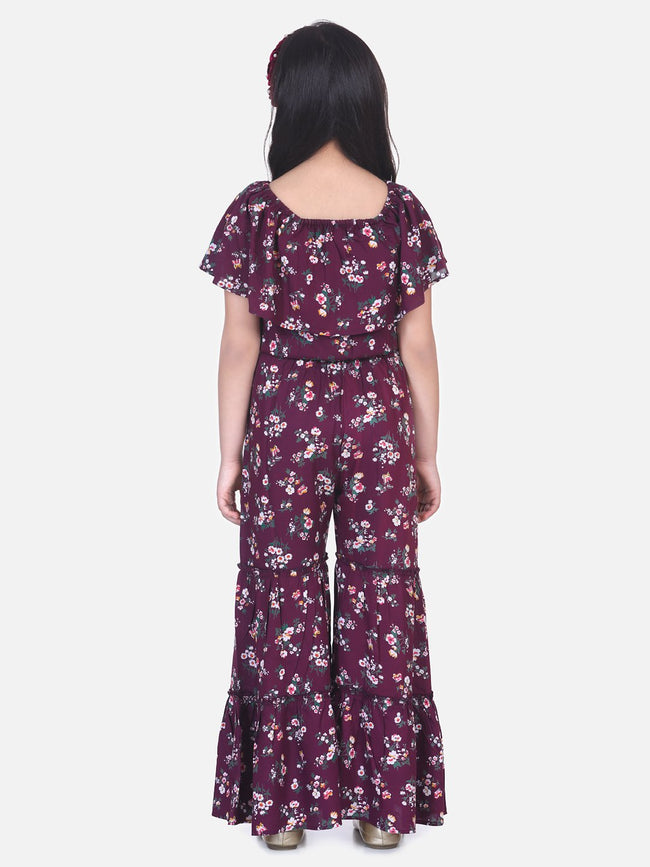 Lilpicks  Wine Floral Flared Pant Clothing Set
