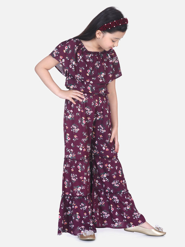 Lilpicks  Wine Floral Flared Pant Clothing Set
