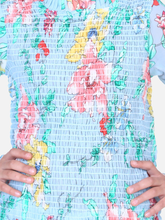 Lilpicks Powder Blue Floral Hi-Neck Smocking Top