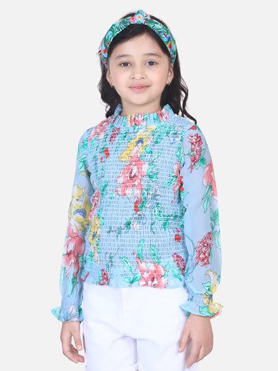 Lilpicks Powder Blue Floral Hi-Neck Smocking Top