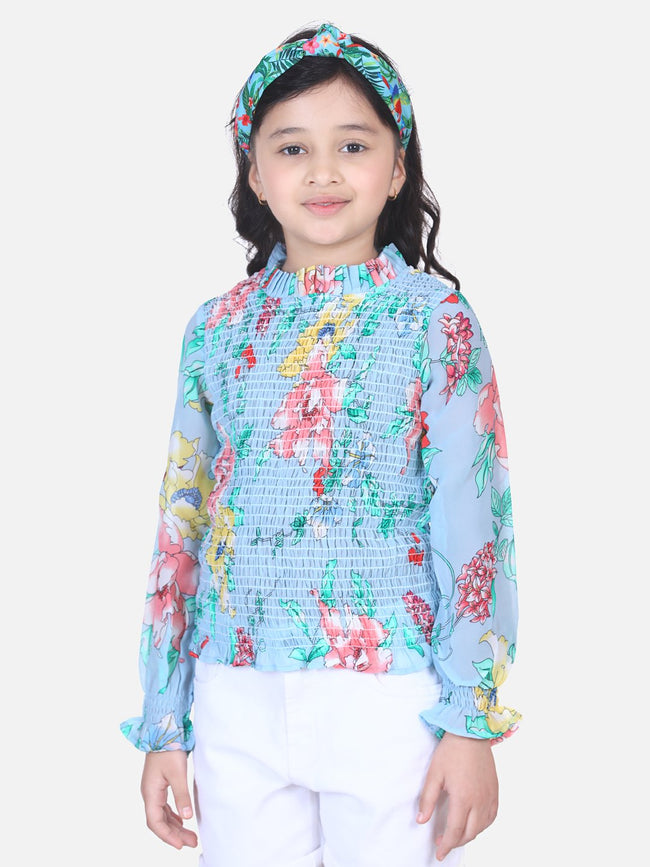 Lilpicks Powder Blue Floral Hi-Neck Smocking Top