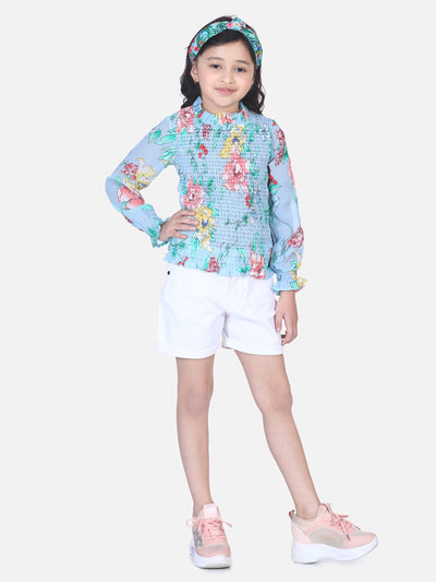 Lilpicks Powder Blue Floral Hi-Neck Smocking Top