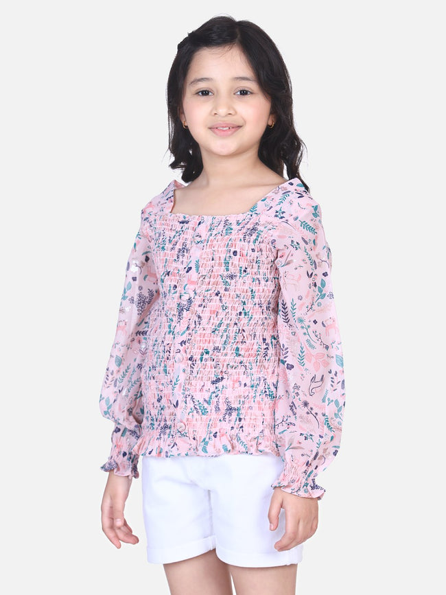 Lilpicks Powder Pink Floral Smocking Top