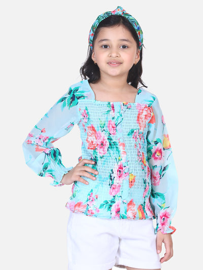 Lilpicks Sky Blue Floral Smocking Top