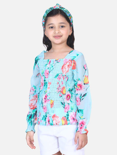 Lilpicks Sky Blue Floral Smocking Top
