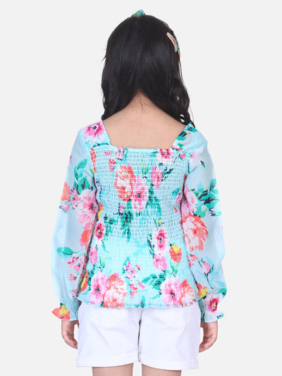 Lilpicks Sky Blue Floral Smocking Top
