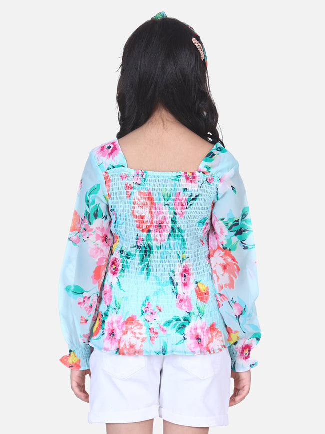 Lilpicks Sky Blue Floral Smocking Top
