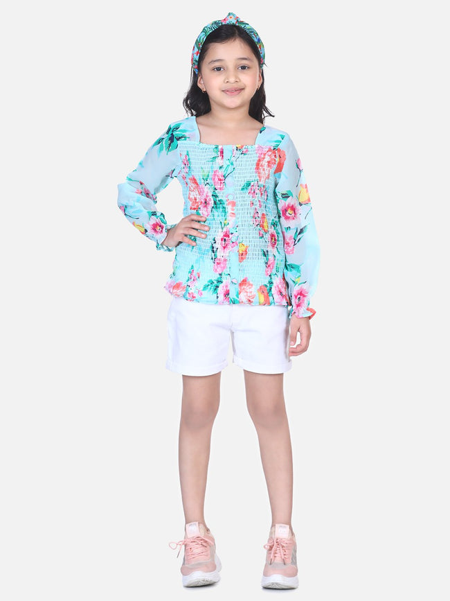Lilpicks Sky Blue Floral Smocking Top