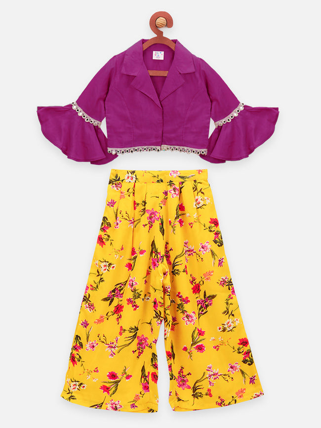 Purple bell sleeves Choli with Flared Mustard Palazzo Set