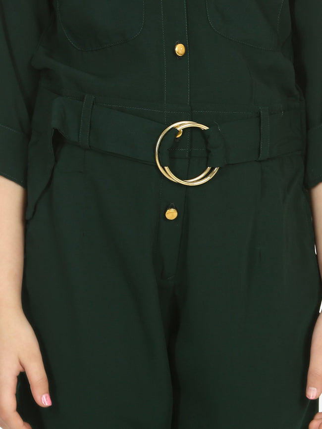 Lilpicks Bottle Green Golden Button Formal Jumpsuit