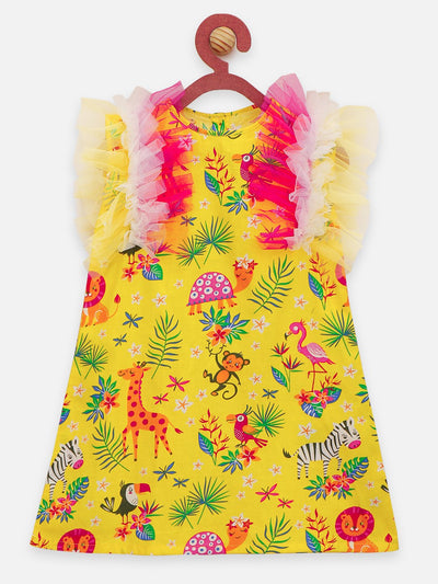 Lilpicks Yellow Quirky Jungle Print Ruffle Dress