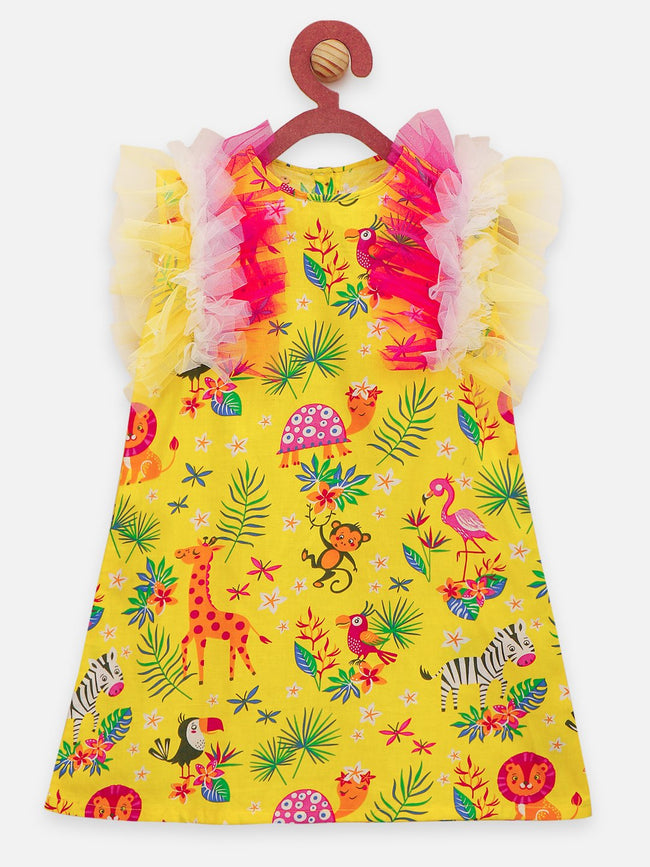 Lilpicks Yellow Quirky Jungle Print Ruffle Dress