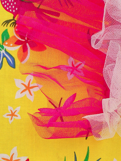 Lilpicks Yellow Quirky Jungle Print Ruffle Dress