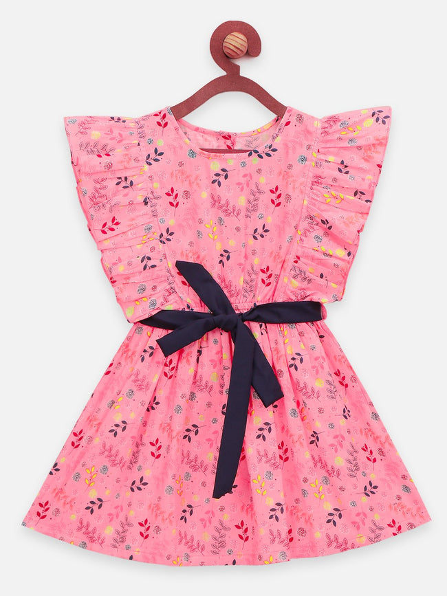Lilpicks Floral Print Ruffled Fit & Flare Dress with Belt