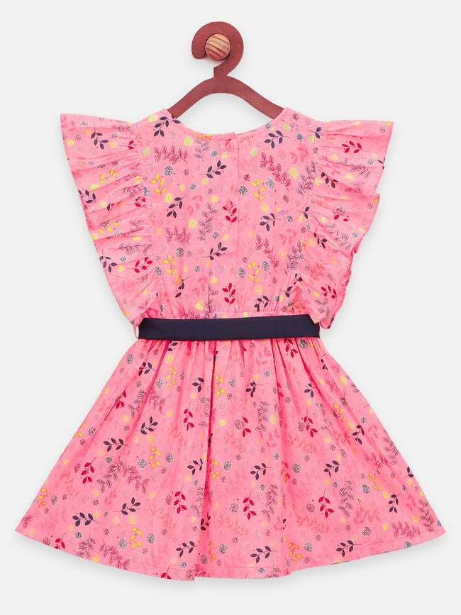 Lilpicks Floral Print Ruffled Fit & Flare Dress with Belt