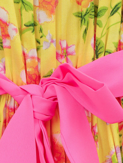 Lilpicks Yellow Flower Printed Sleevless Strappy Dress with Belt