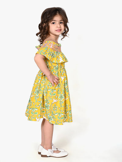 Yellow Floral Print Off Shoulder Flared Dress