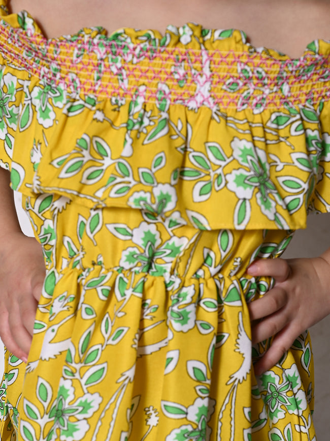 Yellow Floral Print Off Shoulder Flared Dress