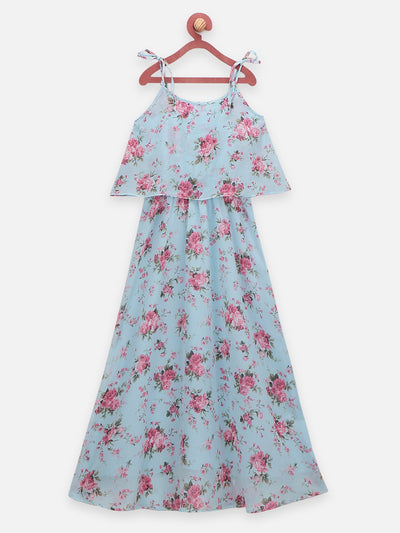 Lilpicks Blue Flower Print Cape Strappy Flared Long Dress