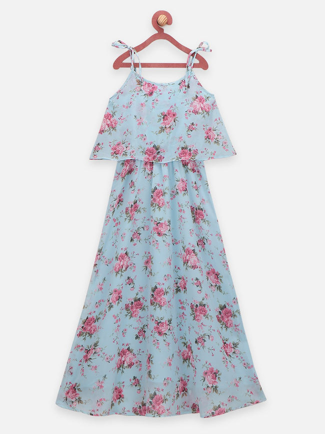 Lilpicks Blue Flower Print Cape Strappy Flared Long Dress