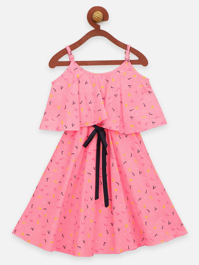 Lilpicks Pink Flower Print Cape Strapy Flared Dress