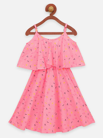 Lilpicks Pink Flower Print Cape Strapy Flared Dress