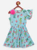 Lilpicks Sky Blue Flower Printed One Side Ruffle Sleeve Dress