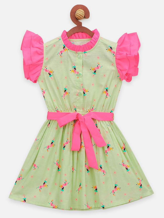 Lilpicks Olive Green Ruffle Sleeveles Flare Bow Dress 