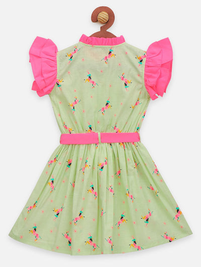 Lilpicks Olive Green Ruffle Sleeveles Flare Bow Dress 