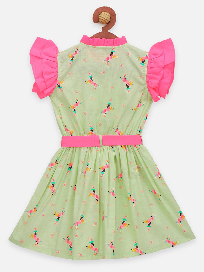 Lilpicks Olive Green Ruffle Sleeveles Flare Bow Dress 