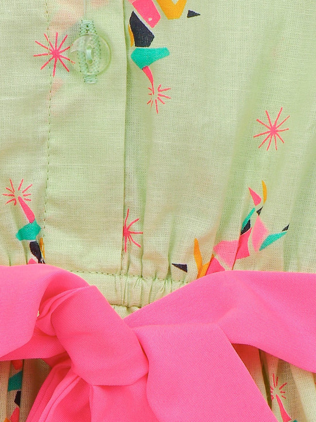 Lilpicks Olive Green Ruffle Sleeveles Flare Bow Dress 