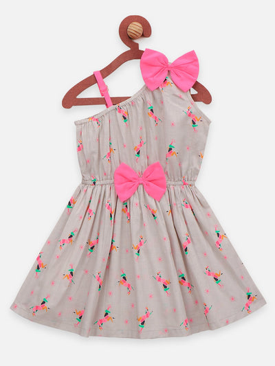 Lilpicks Grey One Shoulder Flare Bow Dress 