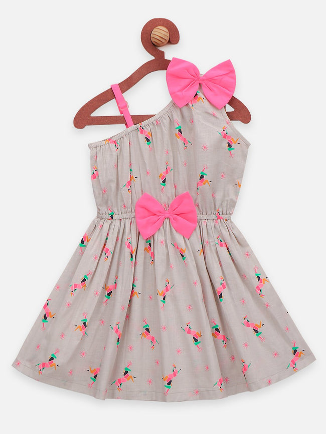 Lilpicks Grey One Shoulder Flare Bow Dress 