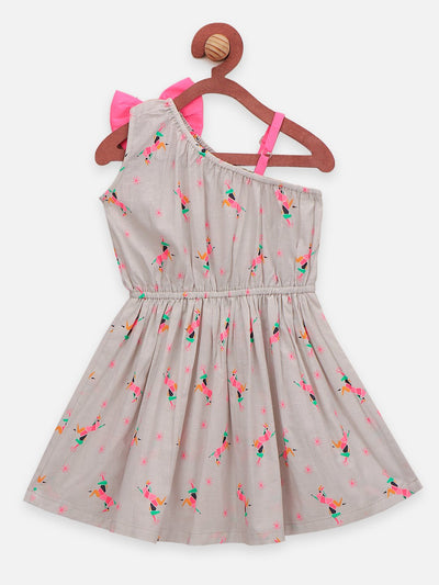 Lilpicks Grey One Shoulder Flare Bow Dress 