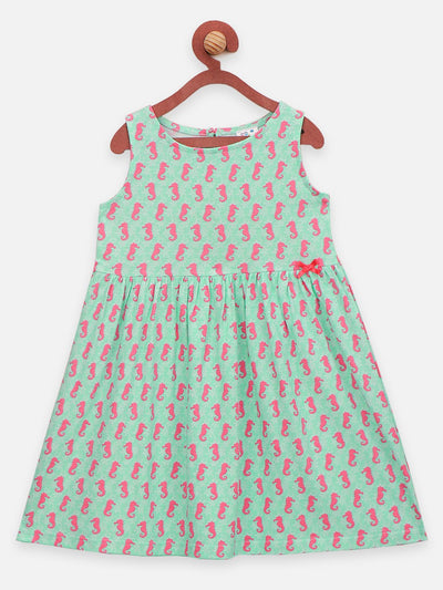 Lilpicks  Pink and green All Over Printed Pack of 2 Bow Flared Dress