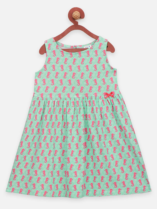 Lilpicks  Pink and green All Over Printed Pack of 2 Bow Flared Dress