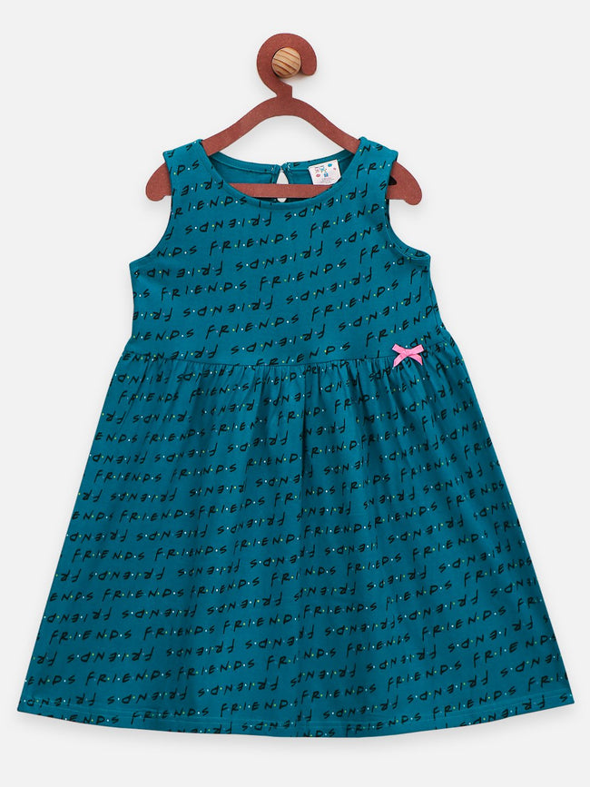 Lilpicks Teal and Multi All Over Printed Pack of 2 Bow Flared Dress