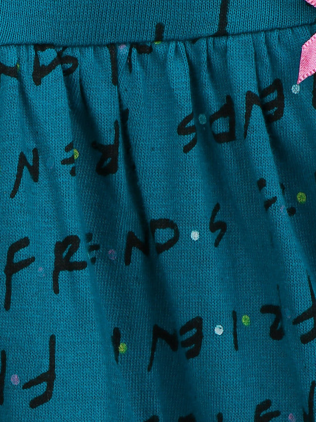 Lilpicks Teal and Multi All Over Printed Pack of 2 Bow Flared Dress