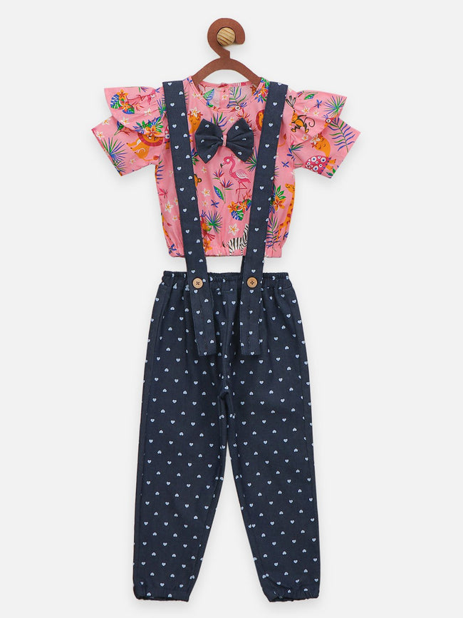 Lilpicks Floral Short Sleeve Top And Polka Denim Dungaree Set