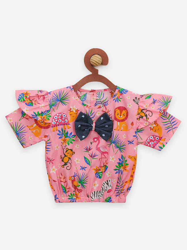 Lilpicks Floral Short Sleeve Top And Polka Denim Dungaree Set